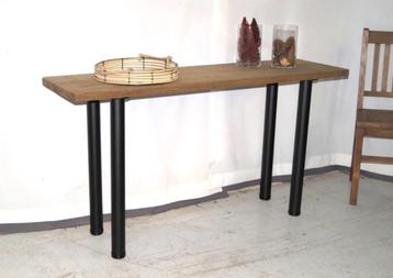 Smalle oude eiken muur-/schrijf tafel met ijzeren poten L142 beschikbaar voor biedingen