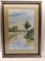aquarel aan het water met boom rechts en bomen links, Ophalen
