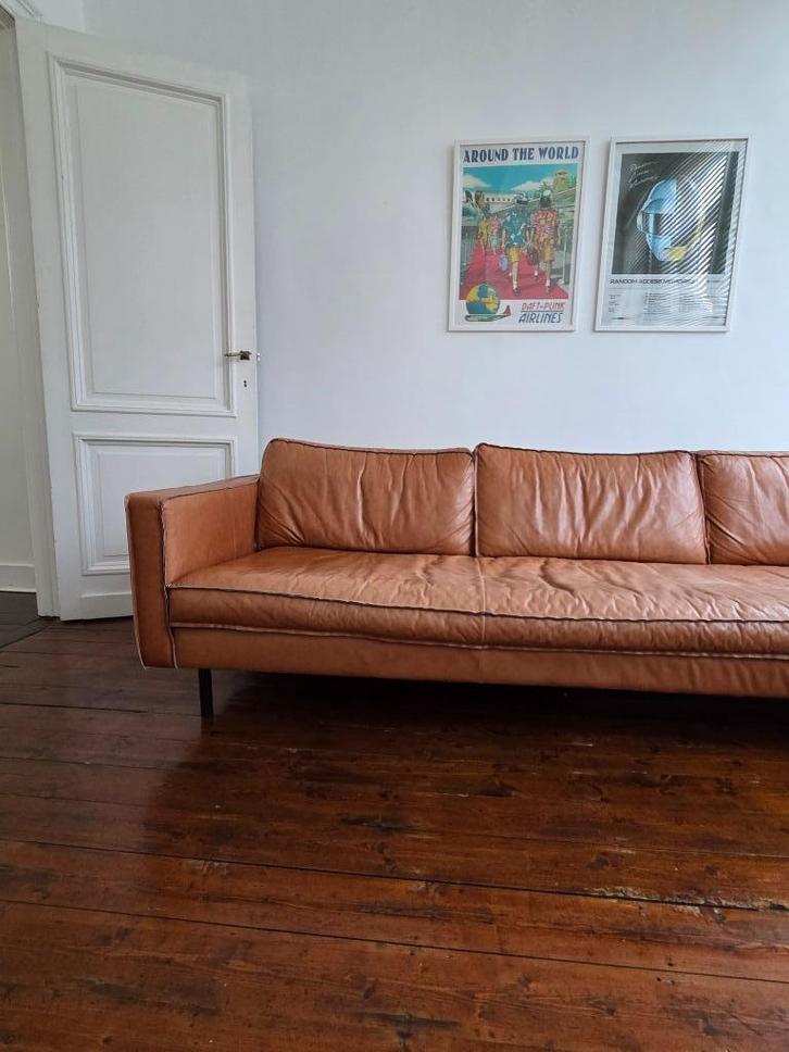 Lederen zetel Cognac, Huis en Inrichting, Zetels | Zetels, Gebruikt, Rechte bank, Driepersoons, 200 tot 250 cm, 75 tot 100 cm