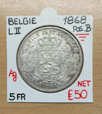 5 FR  1868  POSITIE B   LEOPOLD II    BELGIE   RAAR   € 50 beschikbaar voor biedingen