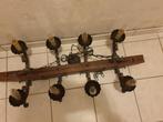 Eiken balk met 8 (kaars)lampen, Huis en Inrichting, Lampen | Kroonluchters, Ophalen, Gebruikt, Metaal, Rustiek
