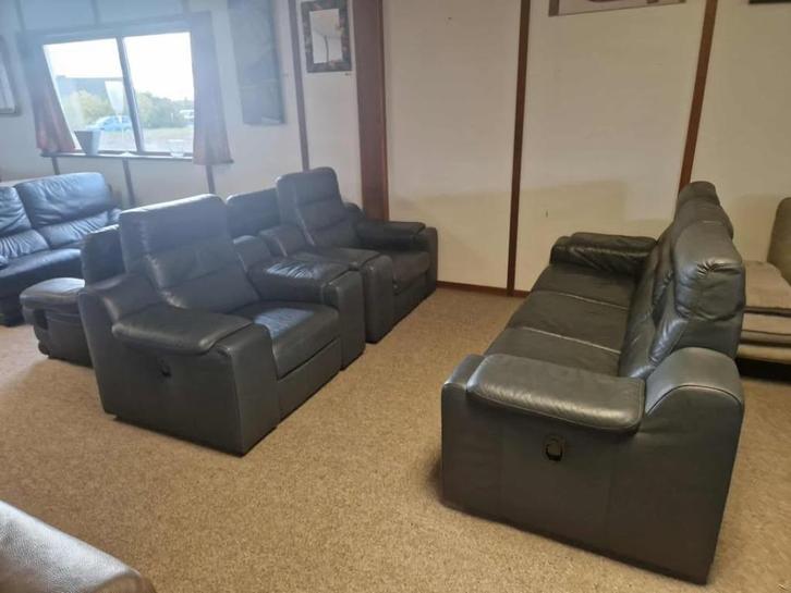 ANTRACIET BUFFELLEDEREN SALON MET RELAX, Huis en Inrichting, Stoelen, Gebruikt, Drie, Leer, Ophalen