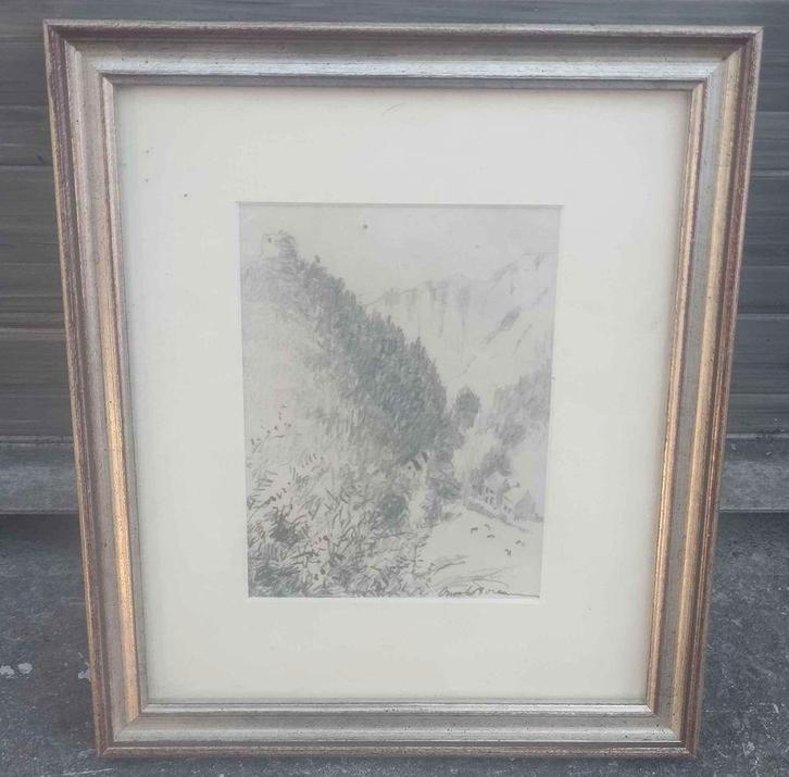 Dessin paysage signe Oswald poreau, Antiek en Kunst, Kunst | Tekeningen en Fotografie, Ophalen of Verzenden