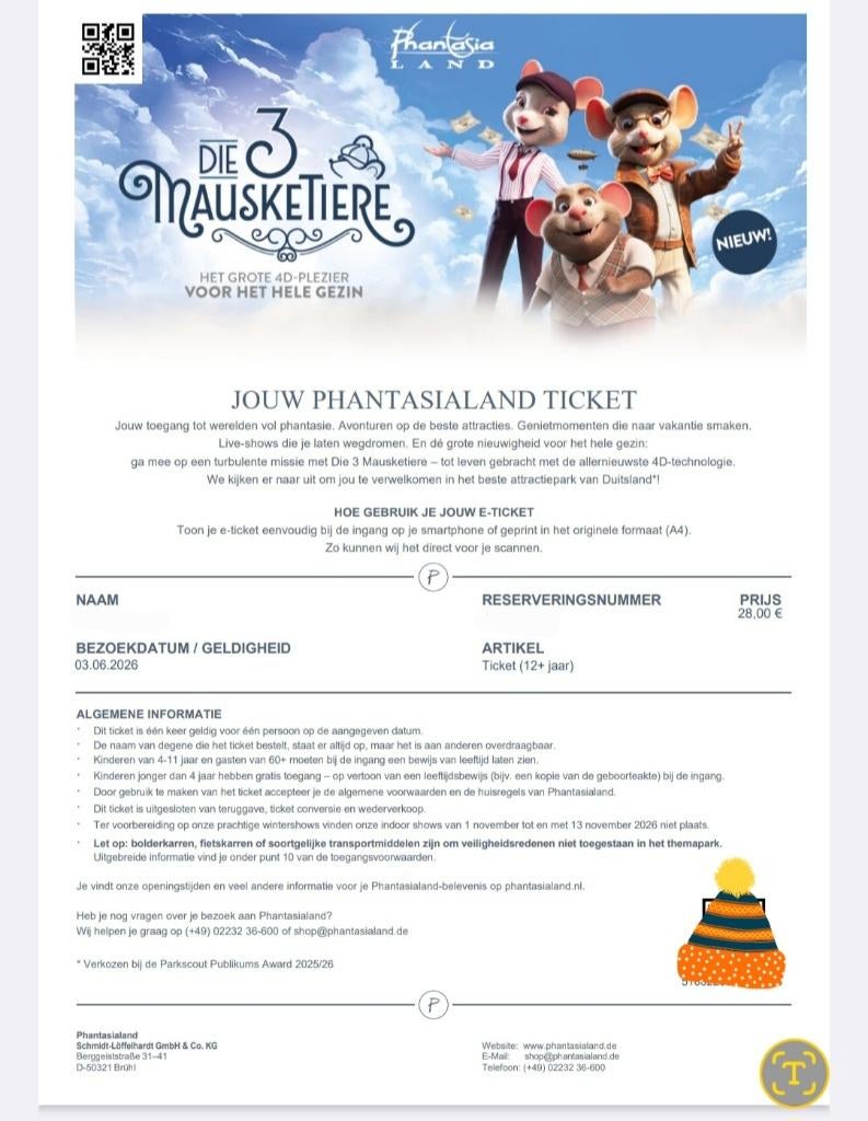 Phantasialand..2 ticket voor 3/6/2026 (50euro), Tickets & Billets, Deux personnes, Ticket ou Carte d'accès
