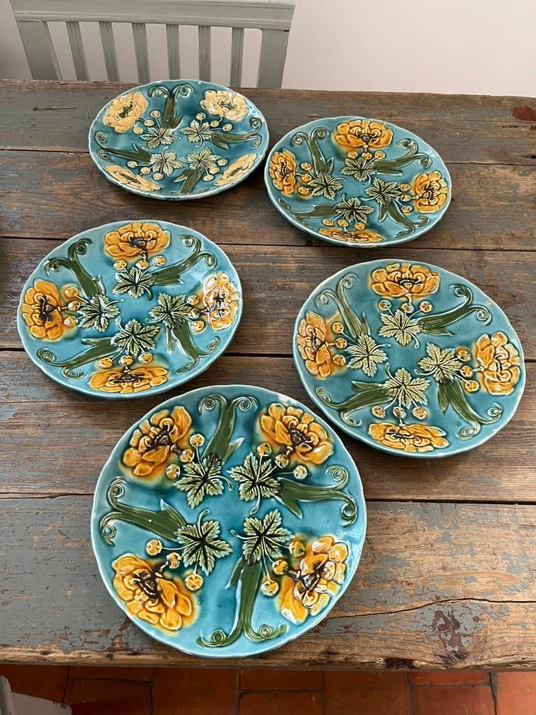 PRACHTIGE FRANSE MAJOLICA BORDEN BLOEM 5 STUKS, Ophalen of Verzenden