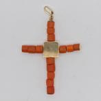 Pendentif croix en or 14 carats avec corail rouge 4,42 g, Enlèvement ou Envoi, Or, Comme neuf, Or