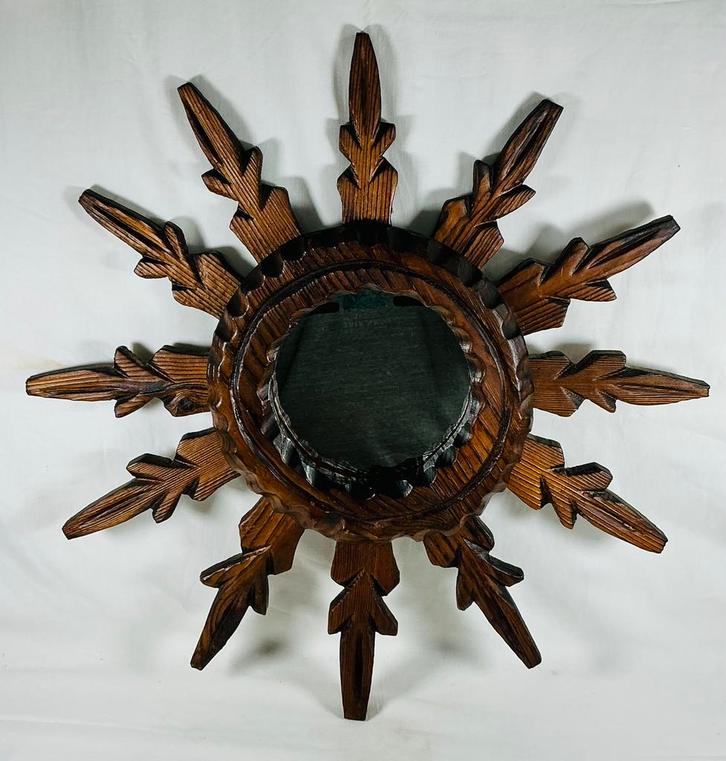 Vintage design houten sunburst spiegel tramp art, Verzamelen, Retro, Huis en Inrichting, Ophalen of Verzenden