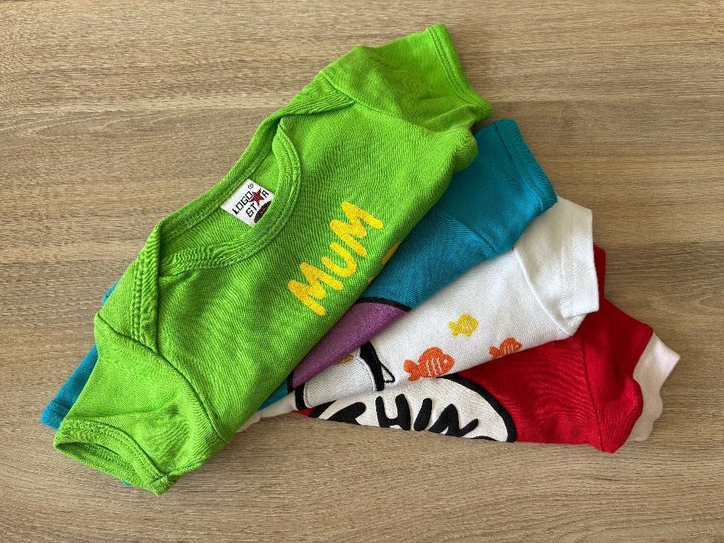 Fun pakketje vier rompertjes maat 68 (6-9m), Kinderen en Baby's, Babykleding | Maat 68, Ophalen, Zo goed als nieuw, Jongetje of Meisje