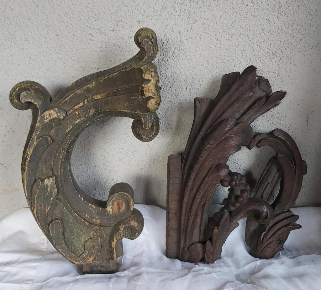 2 decoratieve oude houten uitgesneden ornamenten/ fragmenten, Ophalen of Verzenden