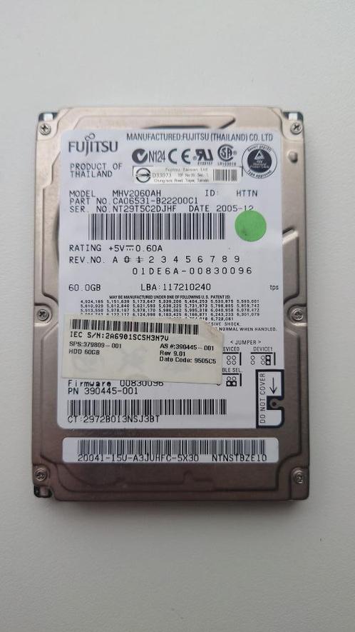 Fujitsu 60GB 2,5" IDE 5400rpm laptop harddisk, Computers en Software, Harde schijven, Gebruikt, Laptop, Intern, HDD, IDE, Ophalen of Verzenden