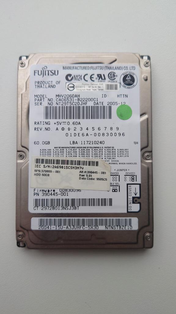 Fujitsu 60GB 2,5" IDE 5400rpm laptop harddisk, Computers en Software, Harde schijven, Gebruikt, Laptop, Intern, HDD, IDE, Ophalen of Verzenden