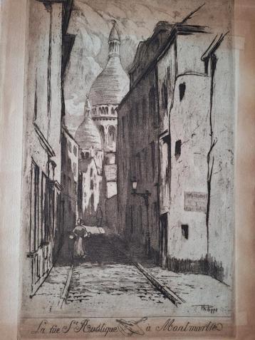 Ets van Emile Philippe La rue St. Rustique Montmartre 1911 beschikbaar voor biedingen