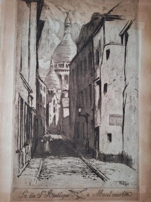 Ets van Emile Philippe La rue St. Rustique Montmartre 1911, Antiek en Kunst, Kunst | Tekeningen en Fotografie, Ophalen of Verzenden