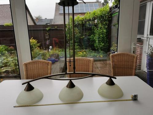 Hanglamp dimbaar 3 lampen brons 100 cm lang 91 cm hoog, Huis en Inrichting, Lampen | Hanglampen, Gebruikt, 75 cm of meer, Glas
