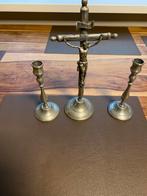 Tinnen kruisbeeld met 2 kandelaars., Antiek en Kunst, Ophalen of Verzenden, Overige materialen