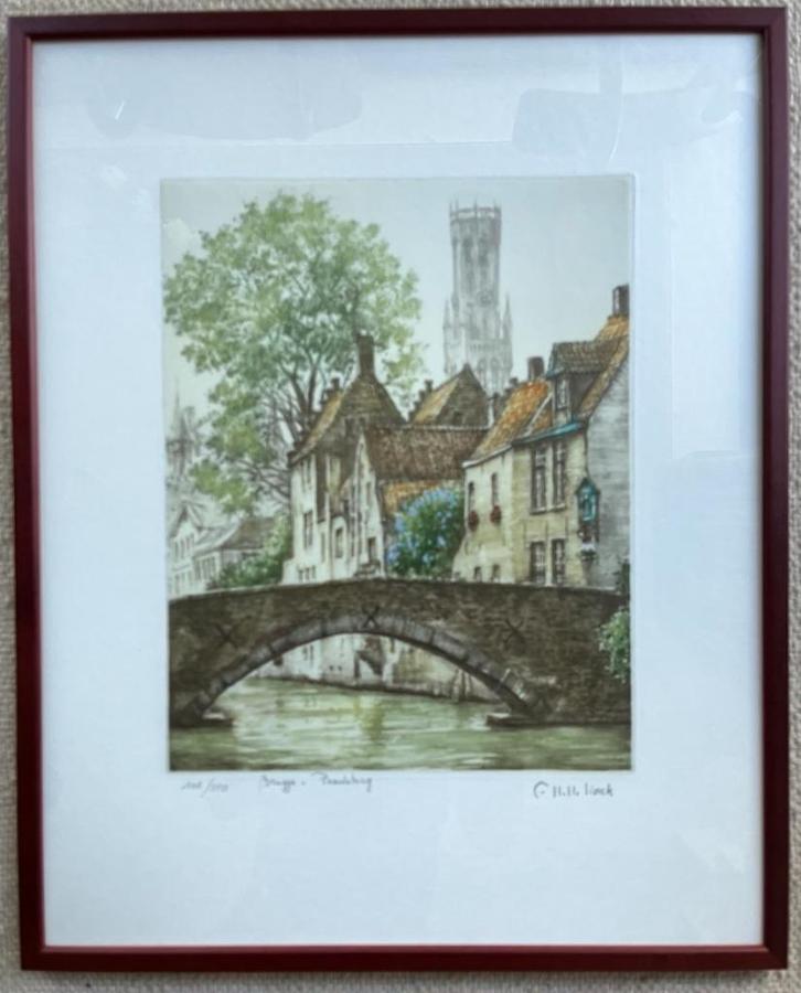 Ets van Roger Hebbelinck: Paardenbrug Brugge, Antiek en Kunst, Kunst | Etsen en Gravures, Ophalen