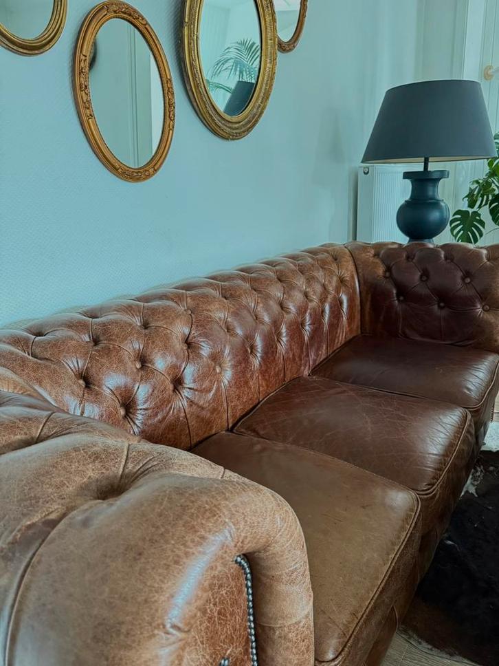 Chesterfield 3-zit in echt leder, goede staat, craquelé, Huis en Inrichting, Zetels | Zetels en Chaises Longues, Gebruikt, Driepersoons