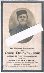 Soldaat. Dejonckheere Omer. ° Hooglede 1893 † Leuven 1914, Verzamelen, Bidprentjes en Rouwkaarten, Ophalen of Verzenden, Bidprentje
