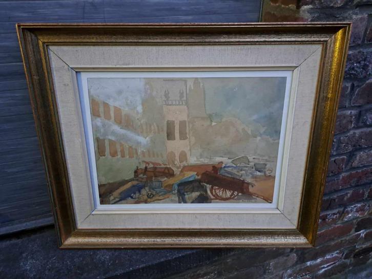 aquarelle Les carrioles un jour de marché signe paul leduc, Antiek en Kunst, Kunst | Schilderijen | Klassiek, Ophalen of Verzenden