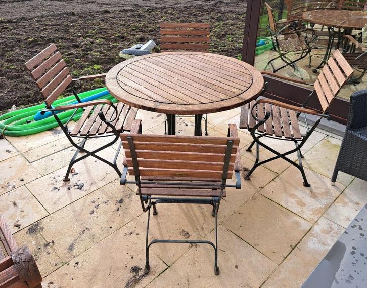 Teak tuinset bistro, Tuin en Terras, Tuinsets en Loungesets, Gebruikt, Tuinset, Teakhout, 4 zitplaatsen, Eettafel, Stoel, Ophalen