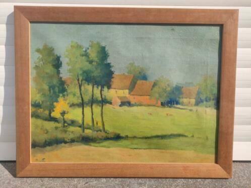 huile sur toile paysage avec ferme signe henri mathy, Antiquités & Art, Art | Peinture | Classique, Enlèvement ou Envoi