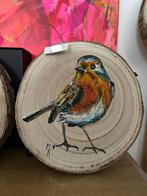 Robin peignant sur un disque d'arbre - Mk Art, Antiquités & Art, Enlèvement ou Envoi