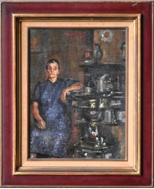 huile sur toile femme au coin du feu signe jean maillard, Antiek en Kunst, Kunst | Schilderijen | Klassiek, Ophalen of Verzenden
