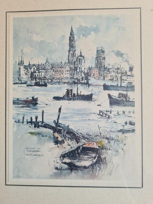 zicht op Antwerpen van Jan Korthals / ingekaderd, Antiquités & Art, Art | Eaux-fortes & Gravures, Envoi