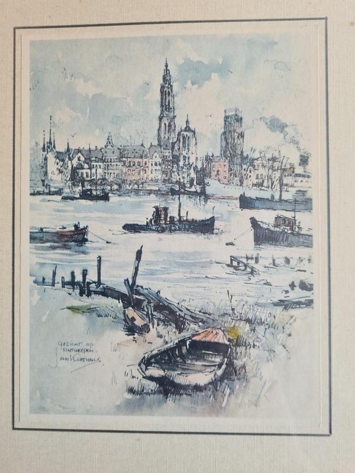zicht op Antwerpen van Jan Korthals / ingekaderd, Antiek en Kunst, Kunst | Etsen en Gravures, Verzenden