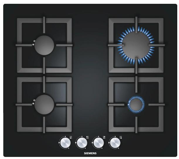 Siemens gaskookplaat EP616PB21E–60cm–zwart glas–4 branders, Electroménager, Tables de cuisson, Utilisé, Encastré, 4 zones de cuisson