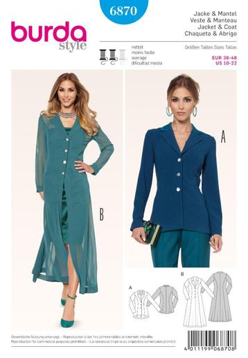 BURDA - 6870 - veste - blazer - tunique - 36 au 48 beschikbaar voor biedingen