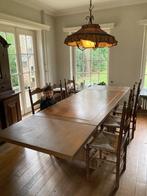 Houten eettafel met 2 verlengstukken en 6 bijhorende stoelen, Comme neuf, Chêne, Rectangulaire, 50 à 100 cm