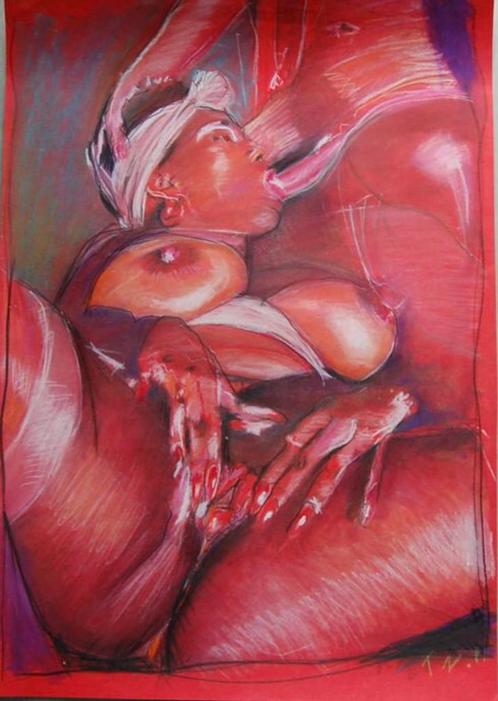 Originele Unknow Artist T.Z. - Black Women -2011 43cm x 61cm, Antiek en Kunst, Kunst | Schilderijen | Abstract, Ophalen of Verzenden