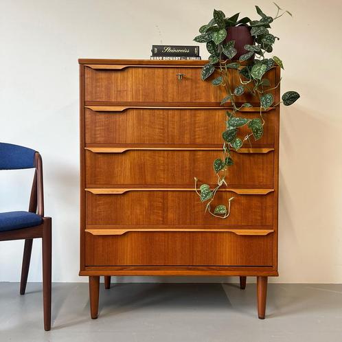 - Vintage hoge ladekast, Deens, teak -, Huis en Inrichting, Kasten | Ladekasten, Ophalen of Verzenden