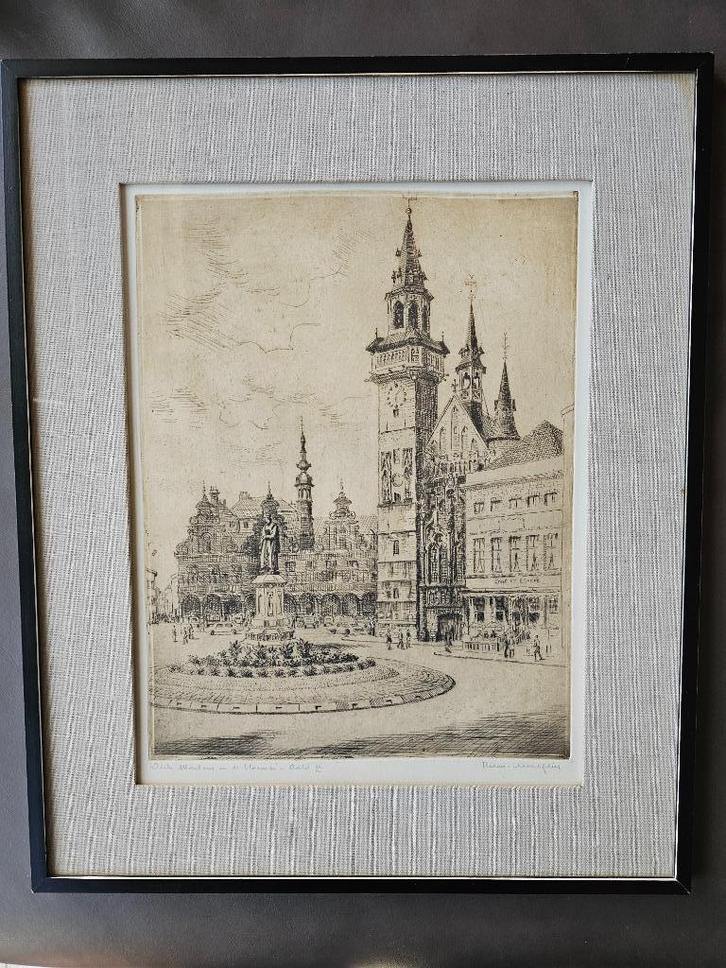 Romain Malfliet - Ets - Aalst - Dirk Martens in de bloemen, Antiek en Kunst, Kunst | Etsen en Gravures, Ophalen