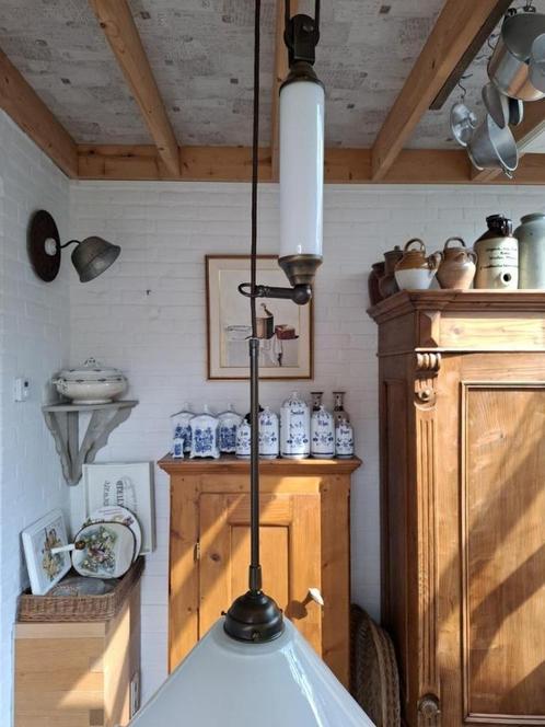 Vintage verstelbare pendel hanglamp, katrol, contragewicht, Huis en Inrichting, Lampen | Hanglampen, Gebruikt, 75 cm of meer, Glas