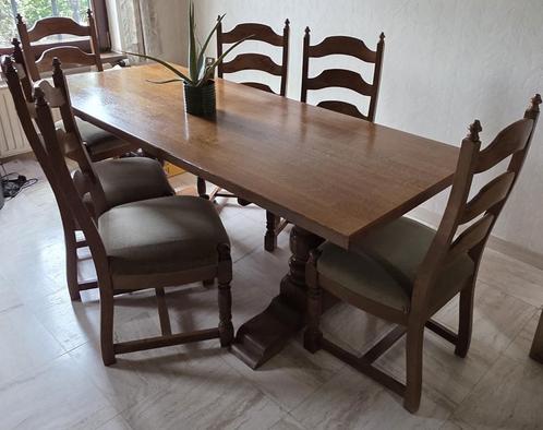 Massieve eiken eettafel met 6 stoelen, Huis en Inrichting, Tafels | Eettafels, Gebruikt, 50 tot 100 cm, 200 cm of meer, Vijf personen of meer