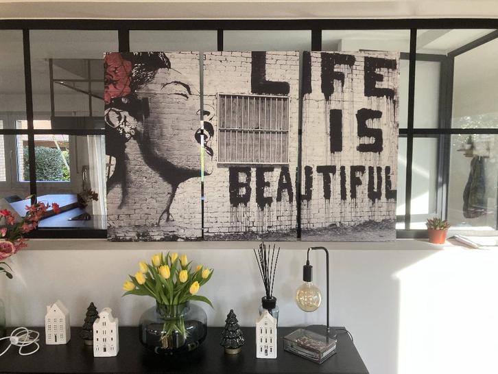 Ensemble 3 Tableaux - triptyque - LIFE IS BEAUTIFUL - Banksy, Maison & Meubles, Accessoires pour la Maison | Décorations murale