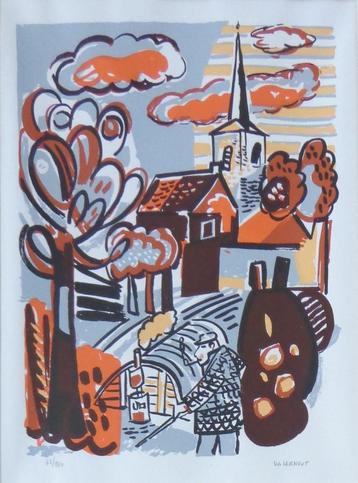 WARD LERNOUT / DORP VLAANDEREN / KLEURLITHO / 71x55cm KADER beschikbaar voor biedingen