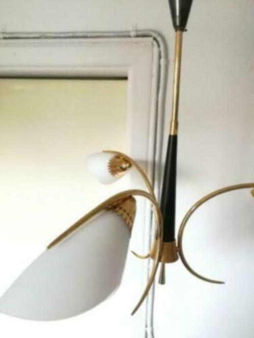 Lustre stilnovo Doré laiton 3 feux 1950 Gold, Huis en Inrichting, Lampen | Kroonluchters, Gebruikt, Glas, Metaal, Ophalen