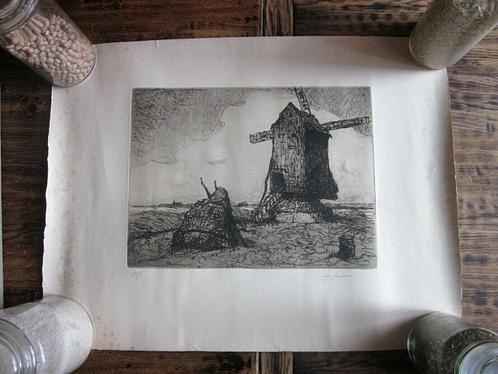 Jules Brouwers - Le Moulin en Flandre - Grande gravure 1900, Antiquités & Art, Art | Eaux-fortes & Gravures, Enlèvement ou Envoi