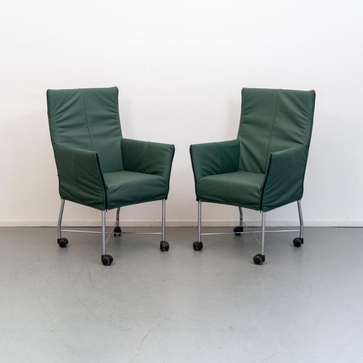 8 Montis Chaplin (eetkamer) stoelen groen leder - rvs wiel, Huis en Inrichting, Zetels | Voetbanken en poefs, Zo goed als nieuw