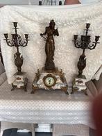 Antieke klok en 2 kandelaars in brons, Antiek en Kunst, Ophalen