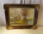 Belle œuvre peinte ancienne 'Rivière et ferme' - signée, Antiquités & Art, Enlèvement ou Envoi