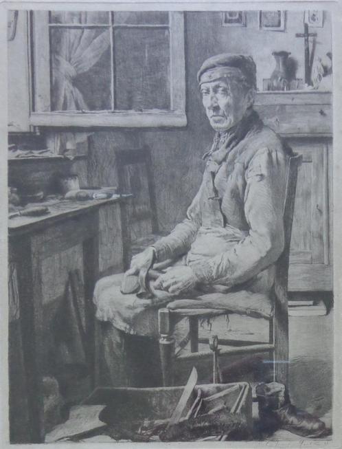 CHARLES MERTENS / SCHOENMAKER / ZW-W ETS / 55x41cm / KADER, Antiek en Kunst, Kunst | Etsen en Gravures, Ophalen of Verzenden