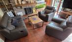 salon en cuir gris - divan + 2 fauteuils - tout relax, Ophalen of Verzenden, Gebruikt, Leer