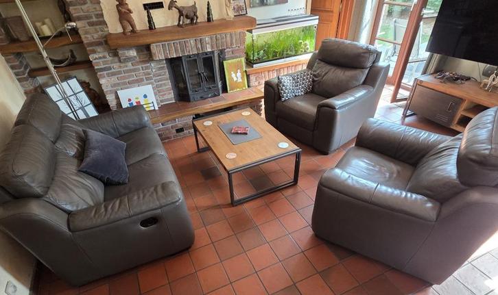 salon en cuir gris - divan + 2 fauteuils - tout relax, Huis en Inrichting, Zetels | Zetels, Gebruikt, Leer, Ophalen of Verzenden