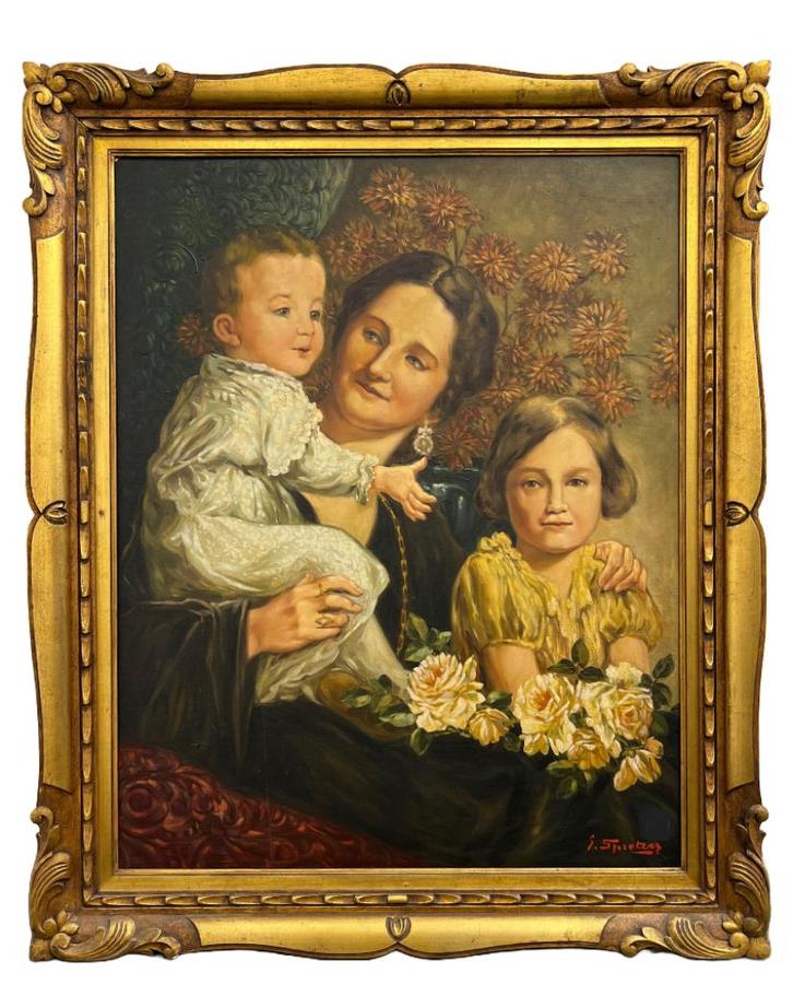 Moeder met kinderen –Olieverf op doek, gesigneerd, Antiek en Kunst, Kunst | Schilderijen | Klassiek, Ophalen of Verzenden