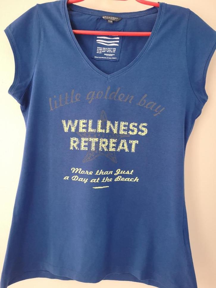 Blauw T-shirt met gele opdruk, Kleding | Dames, T-shirts, Zo goed als nieuw, Maat 42/44 (L), Blauw, Korte mouw, Ophalen