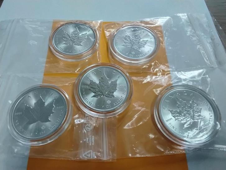 5X MAPLE LEAF 2025 CANADA ZILVEREN MUNTEN 1 OUNCE, Postzegels en Munten, Edelmetalen en Baren, Zilver, Ophalen